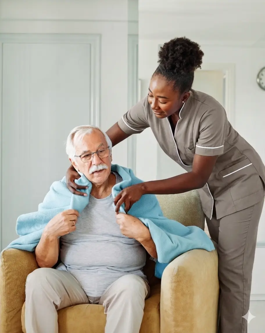 SD Care carer assisting elderly client with morning routine at home
